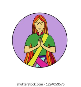 Mono line illustration of a young Indian woman pressing hands together with a smile to greet Namaste, a common cultural practice in India set inside circle done in monoline style.