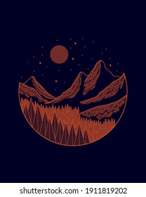 mono line landscape mountains and pines vector for patch, pin, graphic, art t-shirt design