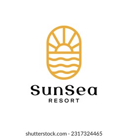 Logo de la línea de Mono combinado sol y olas. Se puede utilizar como logotipo de complejo turístico.