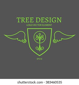Mono Line Logo Design. Tree, Shield & Wings. Vector illustration