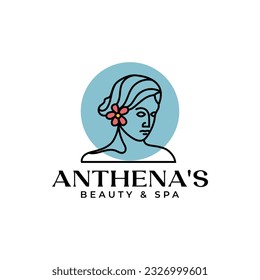 Mono line logo illustration of queen athena and flowers. It is suitable for use as a beauty logo.