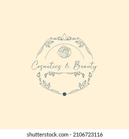 mono line logo. wordmark.
illustration of roses, leaves, circular twigs, cosmetics and beauty.