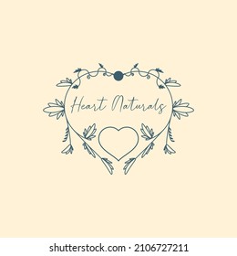 mono line logo. wordmark.
illustration of heart shape, leaf, circular twig, beauty branding.