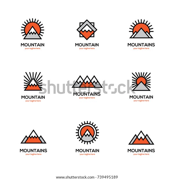 Mono line mountain icon set. Winter sports, ski\
resort hotel, apartments\
logo.
