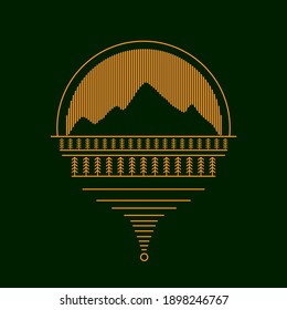 Mono line mountain and pine design is shaped like a location icon