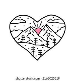 Mono line of nature mountain and river in love shape. design for t-shirt, badge, sticker etc