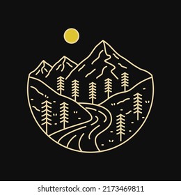 Mono line of nature river mountain wildlife design for sticker, t-shirt, badge, emblem, etc