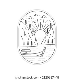 mono line - outline design of hill on the sea with wooden boat on the sunset