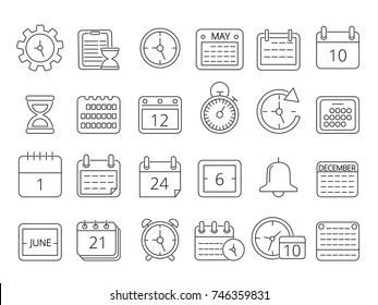 Conjunto de imágenes en línea monocroma de símbolos de administración de tiempo. Mes del calendario y alarma de reloj recordatorio, botón de tiempo lineal. Ilustración del vector