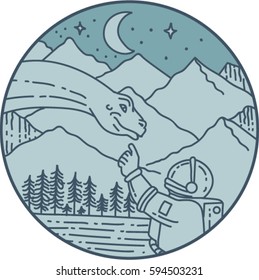 Mono line style illustration of an astronaut touching brontosaurus dinosaur head set inside circle with mountain, moon, stars and trees in the background. 