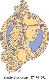 Mono line style illustration of Athena or Athene, goddess of wisdom, craft, and war in ancient Greek religion and mythology with owl perched on shoulder circle with electronic circuit board on white.