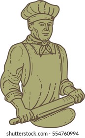 Mono line style illustration of a baker chef cook holding rolling pin rolling on dough viewed from front set on isolated white background.