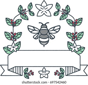 Mono line style illustration of a bumblebee or bumble bee, a member of the genus Bombus, part of Apidae surrounded with coffee leaves and cherries flower set on isolated white background. 