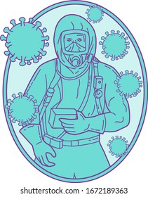 Mono line style illustration of a doctor or medical worker wearing protective or haz chem suit with coronavirus cell floating set inside oval shape on isolated background. 