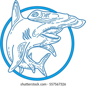 Mono line style illustration of a hammerhead shark set inside circle on isolated white background. 