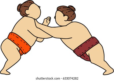 Mono line style illustration of a Japanese rikishi or wrestler, engaging in a match bout of Sumo or sumo wrestling, competitive full-contact wrestling sport pushing viewed from  side set on isolated .