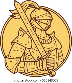 Mono line style illustration of a knight wearing armor and helmet holding sword on shoulder viewed from the side set inside circle on isolated background. 