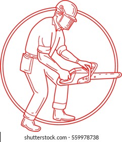 Mono line style illustration of lumberjack arborist tree surgeon wearing helmet protective gear holding operating a chainsaw viewed from the side set inside circle on isolated background. 