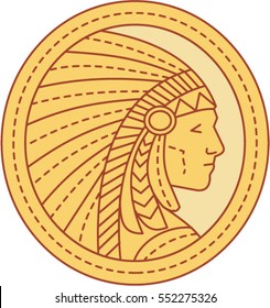 Mono line style illustration of a native american indian chief wearing feather headdress viewed from the side set inside circle. 