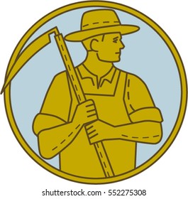 Mono line style illustration of an organic farmer farm worker holding scythe looking to the side set inside circle on isolated background.