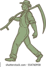 Mono line style illustration of an organic farmer farm worker holding scythe on shoulder walking viewed from the side set on isolated white background. 