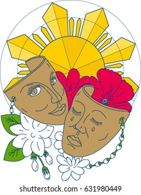 Mono line style illustration showing a drama theater mask with hibiscus or rose mallow and arabian jasmine, Jasminum sambac or sampaguita and Philippine sun in background.