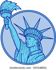 Mono line style illustration of statue of liberty holding up a flaming torch viewed from the side set inside circle on isolated background. 
