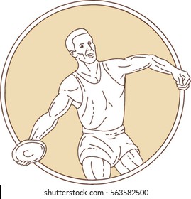 Mono line style illustration of a track and field discus thrower athlete throwing viewed from front set inside circle on isolated background.