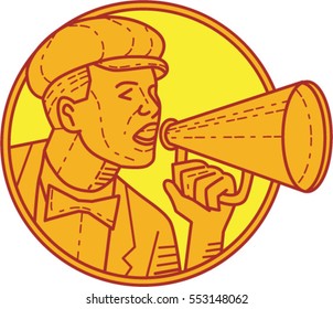 Mono line style illustration of a vintage movie director cameraman shouting using megaphone viewed from the side set inside circle on isolated background. 