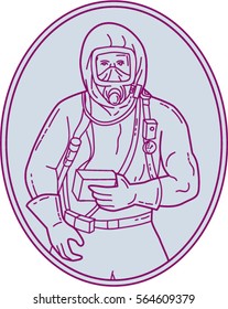 Mono line style illustration of a worker in a haz chem suit set inside oval shape on isolated background. 