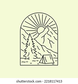 Vector de línea de mono de la vida de camping en el diseño de montaña de la naturaleza para pegatinas, camisetas, insignias, emblemas, etc.