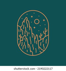 Mono line vector of desert cactus in the night