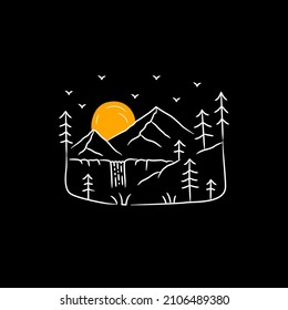 Mono line vector design of natural scenery in the form of waterfalls and mountains