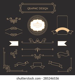 Mono Line Vintage Design Set With Frames, Vignettes, Ribbons & Flags.  Vector Illustration