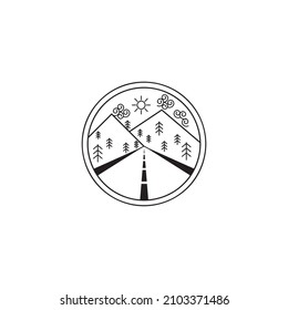 mono line.illustration of roads, trees, mountains, clouds, sun, and circles.