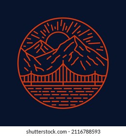 diseño de un contorno monocromático de una vista de un puente, un río y un telón de fondo de montaña