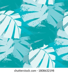 Mono print style aqua blue tropical leaves seamless vector pattern background. Textural backdrop with overlapping layered cut out foliage. Painterly botanical design. Monochrome all over print