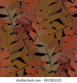 Mono print style brown orange black fall leaves seamless vector pattern background. Textural backdrop with overlapping layered cut out foliage. Painterly botanical design. Homespun all over print
