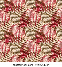 Mono print style feathered leaves seamless vector pattern background. Brown red criss cross texture blended lino cut effect leaf foliage backdrop. At home hand crafted style diagonal design repeat.