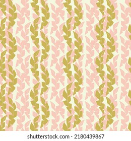 Mono print style leaves abstract striped seamless vector pattern background. Textured cut out grunge foliage in vertical columns. Pink gold painterly organic geometric backdrop. Botanical repeat