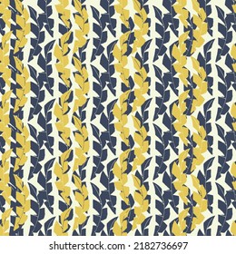 Mono print style leaves abstract striped seamless vector pattern background. Textured cut out grunge foliage in vertical columns. Blue gold painterly organic geometric backdrop. Botanical repeat