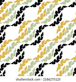 Mono print style leaves abstract striped seamless vector pattern background. Textured cut out grunge foliage in diagonal slanted rows. Painterly organic geometric backdrop. Botanical all over print