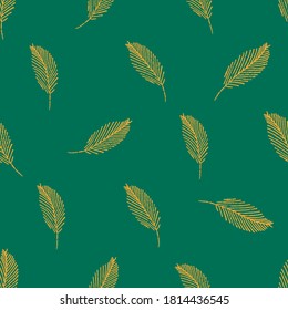 Mono print style leaves seamless vector pattern background. Scattered yellow painterly foliage on green backdrop. At home hand crafted concept. Minimal design. All over print for packaging, giftwrap
