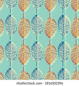 Mono print style leaves seamless vector pattern background. Vertical columns of blue, orange scribbled foliage in litho offset color style on pastel teal backdrop. Geometric hand drawn all over print