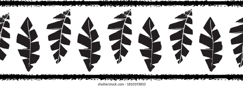 Mono print style scattered grunge leaves seamless vector border background. Black and white banner of vertical textured cut out foliage. Hand crafted painterly stamp design. For ribbon, edging, trim