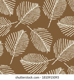 Mono print style scattered leaves seamless vector pattern background. Simple lino cut effect skeleton leaf foliage on caramel brown backdrop. At home hand crafted design concept. Repeat for packaging
