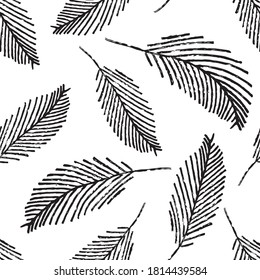 Mono print style scattered leaves seamless vector pattern background. Simple lino cut effect painterly leaf foliage on white backdrop. At home hand crafted design concept. Minimal repeat for packaging