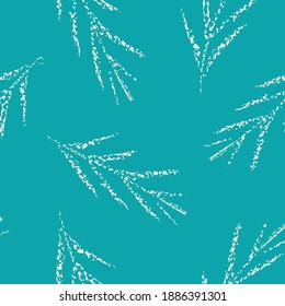 Mono print style scattered leaves seamless vector pattern background. Simple white crayon effect leaf vein foliage on aqua blue backdrop. Hand crafted botanical design. Duotone all over print