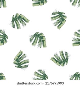 Mono print style scattered leaves seamless vector pattern background. Textured cut out grunge foliage green white backdrop. Hand crafted painterly design. Organic nature all over print for summer