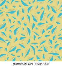 Mono print style scattered tiny leaves seamless vector pattern background. Simple lino cut effect line art leaf foliage blue yellow backdrop. At home hand crafted design concept. Texture repeat
